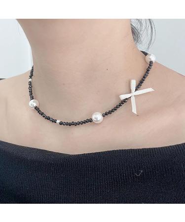 SOUTHJIELING Fashion Bowknot Pearl Crystal Choker Necklace - Clavicle Chain Beaded Solid Color Jewelry - Buy Online on GoSupps.com