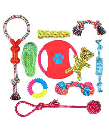 Fonpoo dog toys puppy toys made of natural cotton interactive dog toys for brushing your teeth toys set for small and medium -sized dogs 10 pieces (Red Frisbee set of 10)