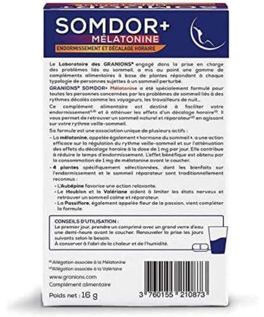 GRANIONS MELATONIN SOMDOR+ ADULT SLEEP - SLEEPING AND HOURLY OFFSET - Sleep and Relaxation - Melatonin 1mg - Valerian Hops Hawthorn Passionflower - 15 Tablets - Made in France - Buy Online on GoSupps.com