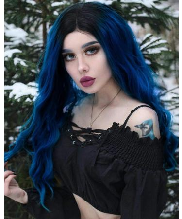 Blue Long Ombre Black Wigs for Women - Dark Root Middle Part | Perfect for Cosplay Parties & Costumes | Shop Now! - Buy Online on GoSupps.com