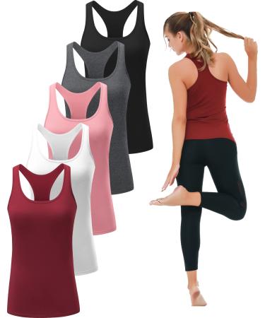 6 5 or 3 Pack Workout Tank Tops for Women Athletic Racerback Sports Tank Tops Compression Sleeveless Dry Fit Shirts Black/Grey/White/Red/Pink Large