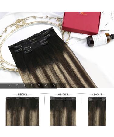Moresoo Real Human Hair Clip in Extensions Balayage Natural Black to Dark Brown with Caramel Blonde | 14 Inch 5pcs/70g #1B/3/27 - Buy Online on GoSupps.com