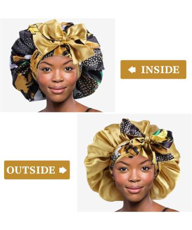 WEIPAO Silk Satin Bonnet - Reversible Large Sleep Cap for Curly Hair | Leaf Print Black+Yellow - Buy Online on GoSupps.com