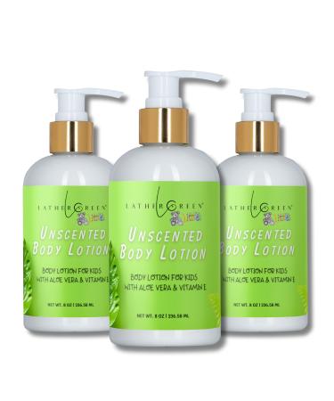 Lather Green Kids Body Lotion Plant Based Gentle Moisturizer with Shea Butter Safe for Sensitive Skin Unscented 3 Pack (8 oz Each)