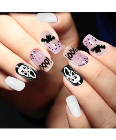 CHEERYMAGIC Halloween False Nails Pink Halloween Short Square Press On Nails with Glue Ghost Bat False Nails Full Cover Glue on Nails for Women and Girls Manicure Decorations A9FSGGJP - Buy Online on GoSupps.com