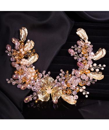 Chargances Bridal Gold Flower Leaf Hair Vine Wedding Pink Crystal Beaded Headband Dainty Rhinestone Handmade Hair Accessories for Women and Girls Brides