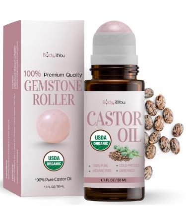 Castor Oil Roll On Eyelashes Eyebrows - 100% Pure Natural USDA Organic Cold Pressed - Hydrating Skin Hair Growth Oil Lashes - Non-GMO Hexane Free Unrefined - Natural Stone Roller Amber Glass 1.7 Fl Oz Unscented