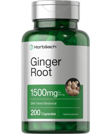 Ginger Root Capsules 1500 mg | 200 Pills | DNA Tested, Non-GMO, Gluten Free | Ginger Root Extract | by Horbaach