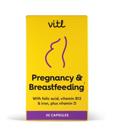 Vitl Pregnancy & Breastfeeding Support Supplement - 30 Vegan Capsules - Includes Folic Acid Vitamin B12 Iron & Vitamin D - with 17 Essential Nutrients & Vitamins - Pre & Postnatal Support for Women