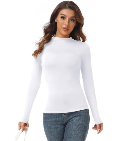 AUHEGN Women's Mock Turtleneck Top - Slim Fit Base Layer Shirt in White - Buy Online on GoSupps.com
