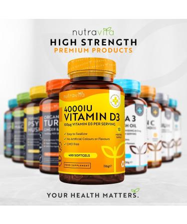 Nutravita Vitamin D3 4000 IU - 400 High Strength Softgels - Max Strength Cholecalciferol Supplement - UK Made - Over 1 Year Supply - Buy Online on GoSupps.com