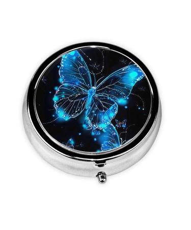 Transparent Glowing Butterfly Portable Metal Pill Box Round Mini 3-Compartment Plastic Insert hinged Fastening Design Suitable for Small Pills Must-Have for Travel