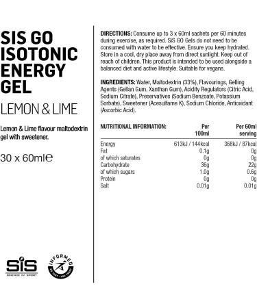 Science in Sport | SiS Go Isotonic Energy Gel | 0.6g Sugar & 22g Carbohydrates per Gel | Vegan | Digestible & Practical | Consumed Without Water | Informed Sport Tested | Lemon & Lime 30 x 60ml Gels - Buy Online on GoSupps.com