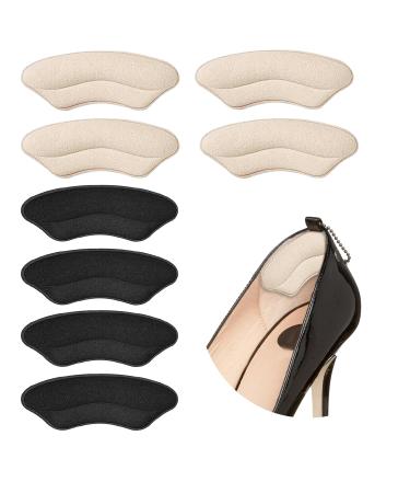 Heel Grip Cushion Pads for Loose Shoes or for preventing blisters 4 Pairs of Lip-Shaped self-Adhesive Shoe Pads (Black/Beige)