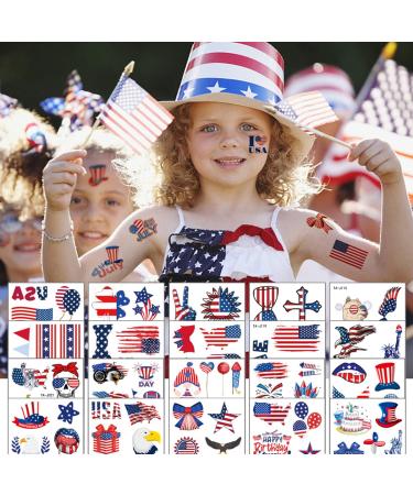 Independence Day Temporary Tattoos for Women Men Patriotic Flag Face Body Tattoo Stickers 4th of July Holiday Fake Tattoos Parades Party Waterproof Decorations 20 Sheets (A) Patriotic Tattoo A