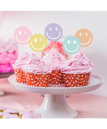 Whaline 36Pcs Preppy Smile Face Cupcake Toppers 6 Designs Paper Cake Decor Cute Cupcake Picks for Y2K Bachelorette Birthday Party Supplies Photo Booth Props - Buy Online on GoSupps.com