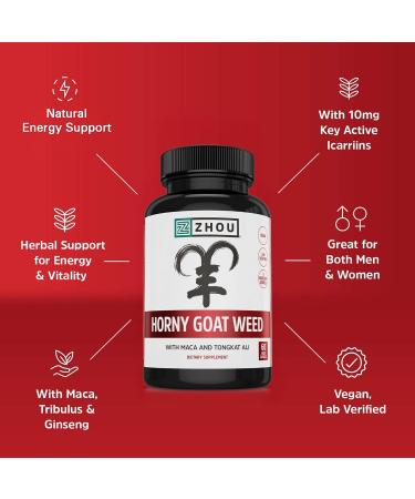Zhou Horny Goat Weed - Herbal Extract for Men & Women Supplement with Maca Tribulus Tongkat Ali & Ginseng Maximum Strength for Health & Energy - 60 Veggie Capsules - Buy Online on GoSupps.com