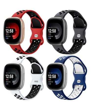 Maledan 4 Pack Sport Band Compatible for Fitbit Versa 3/Versa 4/ Fitbit Sense/ Sense 2 Bands Women Men Soft Wristband Replacement Accessories for Fitbit Versa 3/4 and Sense/ Sense 2 Smart Watch Band Coal Black/Red Black/ Navy White/ White Black S: 5.5"-7.