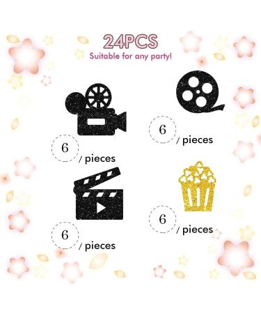 Set of 24 Movie Cupcake Toppers for Hollywood Theme Baby Shower Black & Gold Glitter Camera Popcorn Sign Cupcake Toppers Cake Decorations for Movie Night Party Supplies - Buy Online on GoSupps.com