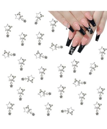 30PCS Star Nail Charms for Acrylic Nails  Dangling 3D Metal Star Nail Gems with Shiny Rhinestones Crystal Nail Art Charms DIY Manicure Jewelry Accessories for Women Gilrs Nail Decoration(Sliver)