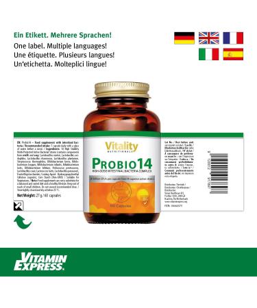 Probio 14: Daily Probiotic with 14 Bacterial Strains | 60 Vegetarian Capsules for Intestinal Health | 212 mg Active Cultures & 200 mg FOS - Vitality Nutritionals by VitaminExpress - Buy Online on GoSupps.com