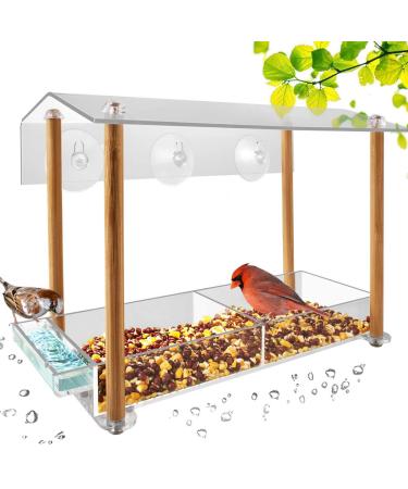 Bird Feeder, Strong Large Size with Suction Cups & Seed Tray, Separate Drinking-Water Sink & Wood Pillar Support, Weatherproof with Shield roof & Drain Hole, Outdoor Acrylic Bird House Yellow