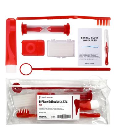 Red Orthodontic 8 Piece Braces Care Kit - Complete Dental Cleaning Set for Teeth with Travel Toothbrush Wax Floss Brackets Cleaner - Essential Oral Care for Orthodontia & Braces Maintenance 8 Piece Red