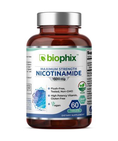 biophix B-3 Nicotinamide 1500 mg 60 Tablets Maximum Strength Timed Release - Nicotinic Amide Niacin Natural Flush-Free Vitamin Formula - Supports Skin Cell Health