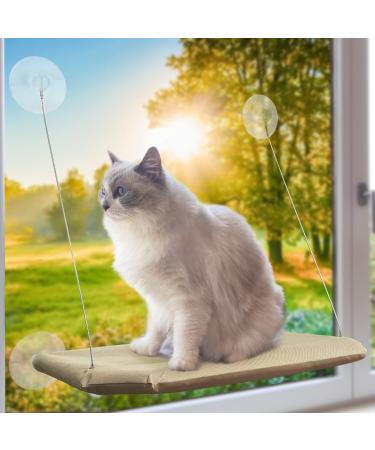 PETPAWJOY Cat Window Perch, Strong Suction Cups Easy Clean Safety Cat Hammock Window Seat for Large Fat Cat or Double Cats (Up to 50lbs) Apricot