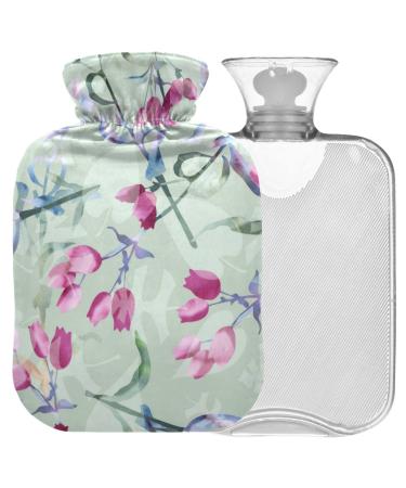 NAANLE hot water bottle with cover watercolor flowers tulip transparent hot water bottle heat bottle for relieving back pain handwear warmers neck heat and cold therapy 1 l