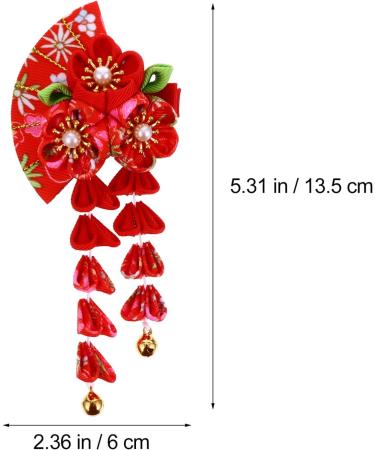 Japanese Style Cloth Hairpin Tassel Fans Shape Barrette with Bells Kimono Flower Headdress Traditional Clothes Cosplay Hair Decoration Accessory for Women Red - Buy Online on GoSupps.com