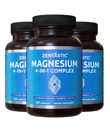 Zentastic 4-in-1 Magnesium Complex - Chelated Magnesium Glycinate Malate Taurate & Lactate - High Absorption for Healthy Muscles Heart Bones - Magnesium Supplement - 360 Magnesium Capsules