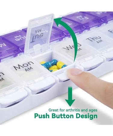 Mericargo Weekly Pill Organizer Easy Fill 7-Day Medication Box for Vitamins & Fish Oil Push-Button Design Large Capacity Purple - Buy Online on GoSupps.com