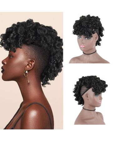 Mohawk Wigs for Black Women Cute and Curly Mohawk Ponytail with Bangs Clip in Hair Extension Afro Faux Hawks Hairpieces  Oseti Clip-on Mohawk Hair for African American Fake Ponytail Wig (1B) 1B