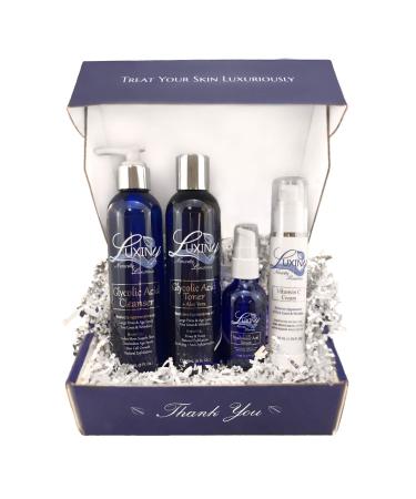 Anti Aging Skin Care Set for Women and Men by Luxiny 4 step Skin Care Kit includes Glycolic Acid Face Wash | Glycolic Acid Toner | Pure Hyaluronic Acid Serum | Vitamin C Moisturizer for Face