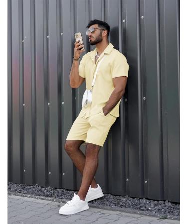 AstoSeu Men's Short Sleeve Shirt and Shorts Set - Light Yellow, X-Large - Buy Online on GoSupps.com