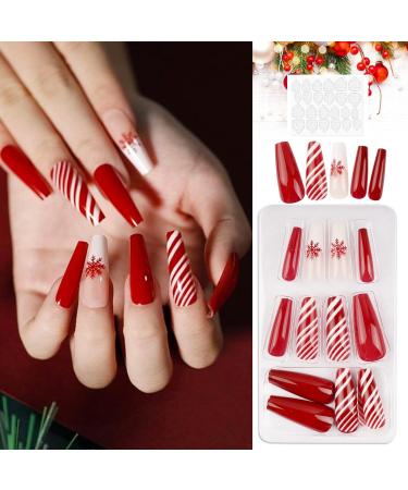 Flofia 72x Christmas Long Ballerina Artificial Nails - Trendy Pink Red & Black Designs for Women & Girls - Instant Glue-On Fingernails - Buy Online on GoSupps.com