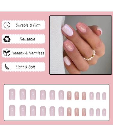 24Pcs Pink Glitter French Tips Press On Nails - Elegant Short Square False Nails for Women & Girls | Reusable Artificial Stick On Nails - Nail Art Accessory - Buy Online on GoSupps.com