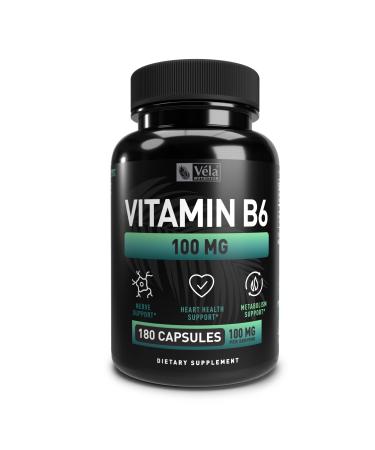 Vitamin B6 100mg Capsules (Pyridoxine HCL) | Supports Energy Metabolism Nervous System and Heart Health | 180 Capsules