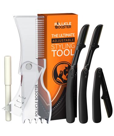 Beard Shaper Kit - Complete Shaping & Styling Tool - Transparent Adjustable Shaper, Razors, Barber Pencil - Beard Stencil Guide Template Outliner Many Styles for Perfect Line Up