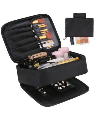 DIMJ Makeup bag and Jewelry Bag for Women 2 in 1 Travel Make Up Bag Organizer with Compartments Portable Waterproof Makeup Case for Cosmetics Brushes Necklaces Earrings Bracelets Toiletry (Black) Black L