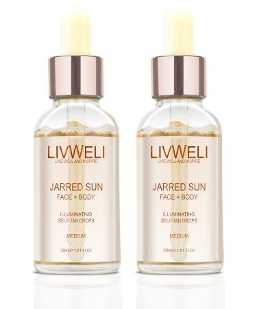 Livweli Jarred Sun Self Tanner - Hyaluronic sunless tanning drops, Moisturizing Self Tanning for Face & Body - Vegan, Cruelty Free & Reef Safe - 30ml (Pack of Two)