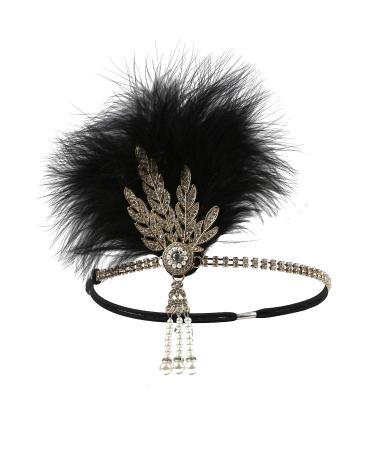 Flapper Rhinestone Hair Headpiece 1920s Great Gatsby Inspired Leaf Medallion Pearl Headband Wedding Bridal Party Accessories 98-Black/Gold
