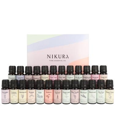 Nikura Expert Essential Oil Gift Set - 25 x 10ml | Essential Oils for Diffusers for Home Sleep Hair Oil Skin Aromatherapy Candle Making | Lavender Eucalyptus Peppermint Tea Tree | Natural 25 Set