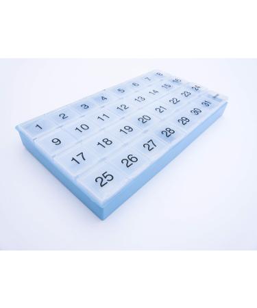 Monthly Pill Organizer - 31 Compartments 4-Week Full Month Planner with Tray & 8 Removable Compartments - Blue - Buy Online on GoSupps.com