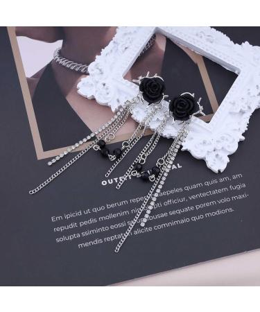 Punk Black Rose Flower Earrings | Rhinestone Chain Drop Tassel Earrings for Women | Silver CZ Ear Cuff Jewelry - Buy Online on GoSupps.com
