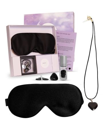 Silk Eye Mask Black Organic Hypoallergenic Mulberry Silk Eye Sleeping Mask Silk Eye Mask Gift Set with Black Obsidian Pendant Necklace Oil Roller Bottle & Black Obsidian Stone Kit