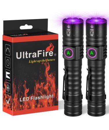 ULTRAFIRE UV 395nm Torch - USB Rechargeable Powerful Ultraviolet LED Black Light Ideal for Resin Curing/Scorpion Detection/Fluorescent Discovery/Pet Urine Disclosure - Pack of 2