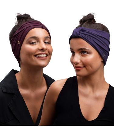 BLOM Original Boho 2-Pack Headbands for Women - Non Slip Knotted Headband - Women Hair Band Made in Bali - 6" Wide Multistyle Elastic Head Wrap Perfect for Running, Yoga, Travel, Workouts & Fashion. Vigneto + Plum