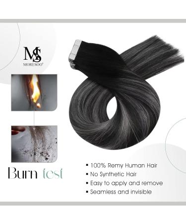Moresoo Balayage Tape in Human Hair Extensions - Black & Silver Ombre, 14 Inch Real Hair Tape Ins, 20 Pieces/50g - Buy Online on GoSupps.com